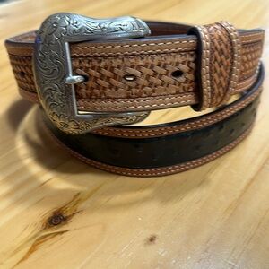 Nacona ostrich print and basketweave leather  belt